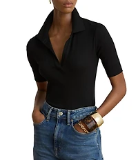 Lauren Ralph Lauren Ribbed Knit Jersey Johnny Collar 3/4 Sleeve Top