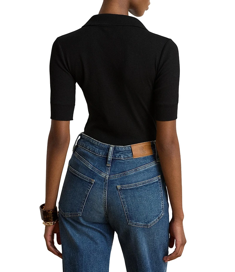 Lauren Ralph Lauren Ribbed Knit Jersey Johnny Collar 3/4 Sleeve Top