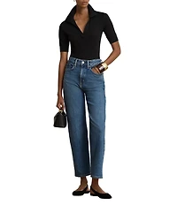 Lauren Ralph Lauren Ribbed Knit Jersey Johnny Collar 3/4 Sleeve Top
