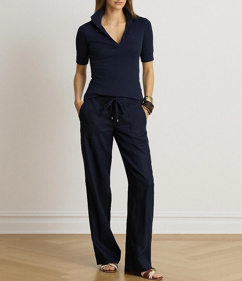Lauren Ralph Lauren Ribbed Knit Johnny Collar 3/4 Sleeve Polo Shirt