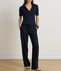 Lauren Ralph Lauren Ribbed Knit Johnny Collar 3/4 Sleeve Polo Shirt