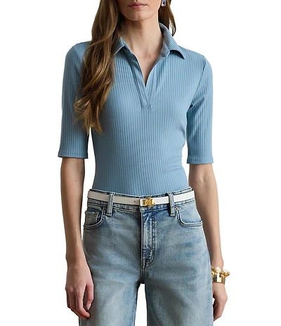 Lauren Ralph Lauren Ribbed Knit Johnny Collar Short Sleeve Top
