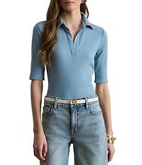 Lauren Ralph Lauren Ribbed Knit Johnny Collar Short Sleeve Top
