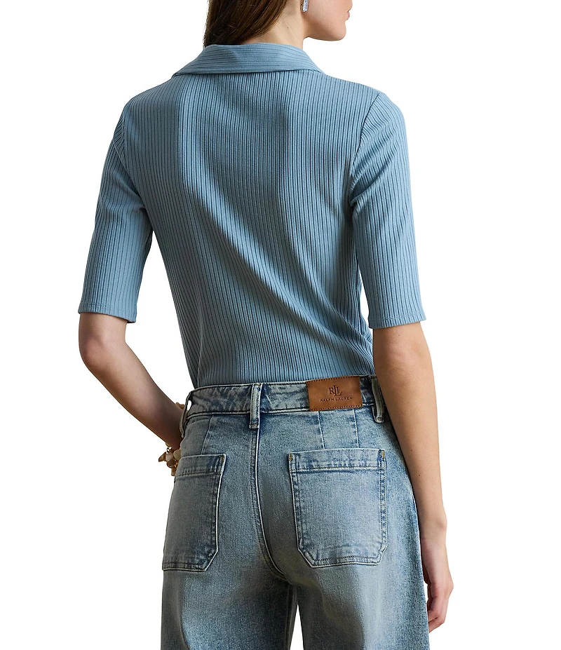 Lauren Ralph Lauren Ribbed Knit Johnny Collar Short Sleeve Top