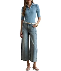 Lauren Ralph Lauren Ribbed Knit Johnny Collar Short Sleeve Top