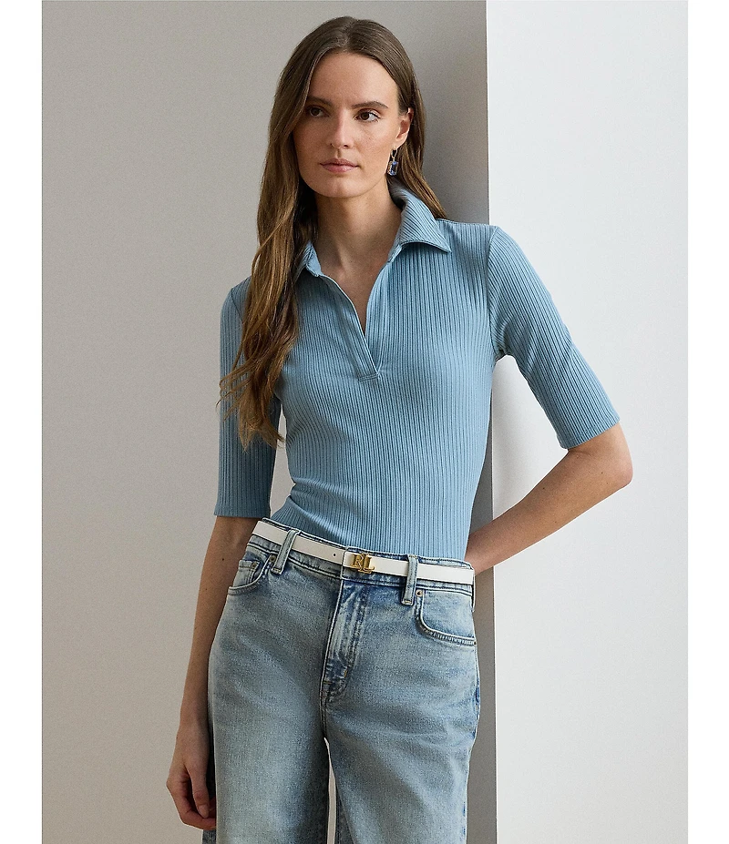 Lauren Ralph Lauren Ribbed Knit Johnny Collar Short Sleeve Top