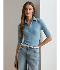Lauren Ralph Lauren Ribbed Knit Johnny Collar Short Sleeve Top