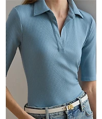 Lauren Ralph Lauren Ribbed Knit Johnny Collar Short Sleeve Top