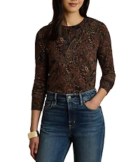 Lauren Ralph Lauren Ribbed Knit Paisley Print Crew Neck Long Sleeve Sweater Top