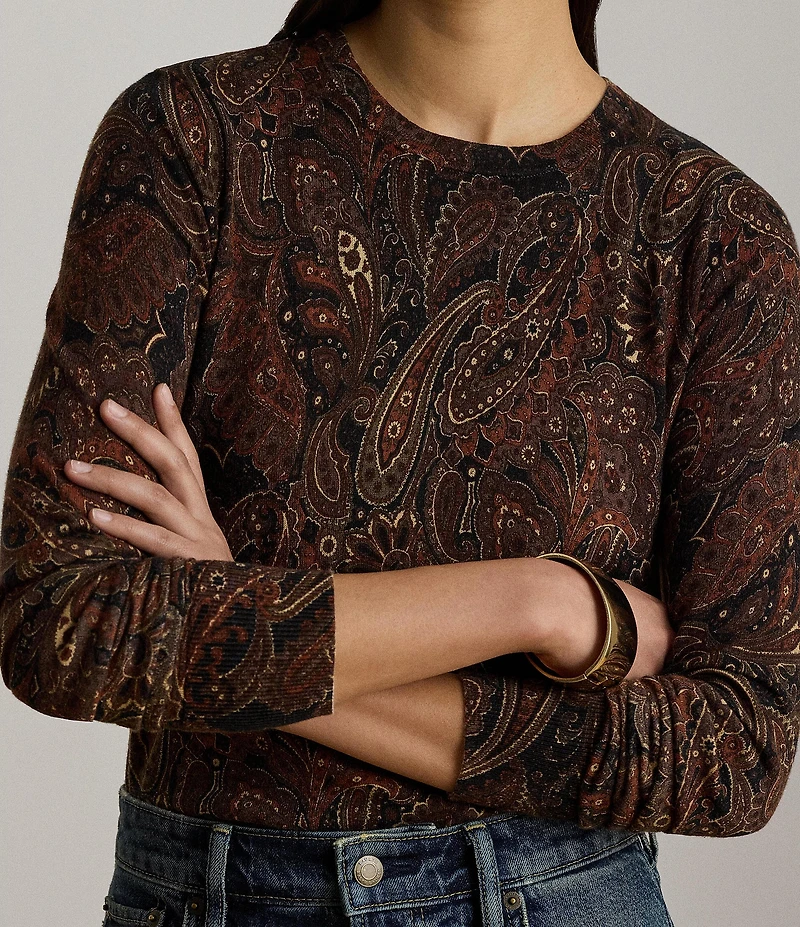 Lauren Ralph Lauren Ribbed Knit Paisley Print Crew Neck Long Sleeve Sweater Top
