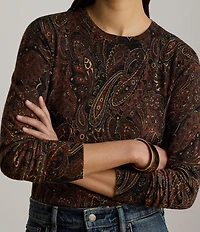 Lauren Ralph Lauren Ribbed Knit Paisley Print Crew Neck Long Sleeve Sweater Top