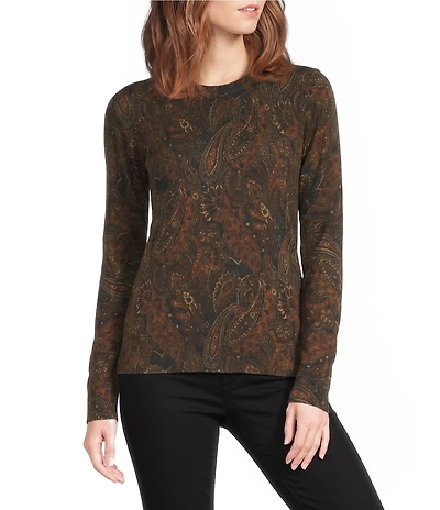 Lauren Ralph Lauren Ribbed Knit Paisley Print Crew Neck Long Sleeve Sweater Top