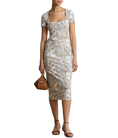 Lauren Ralph Lauren Ribbed Knit Paisley Print Square Neck Short Sleeve Midi Length Sheath Dress