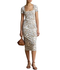 Lauren Ralph Lauren Ribbed Knit Paisley Print Square Neck Short Sleeve Midi Length Sheath Dress
