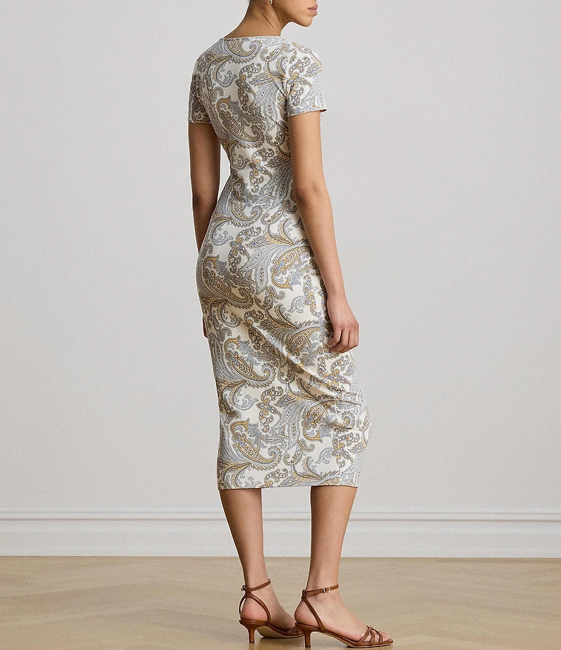 Lauren Ralph Lauren Ribbed Knit Paisley Print Square Neck Short Sleeve Midi Length Sheath Dress