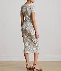 Lauren Ralph Lauren Ribbed Knit Paisley Print Square Neck Short Sleeve Midi Length Sheath Dress