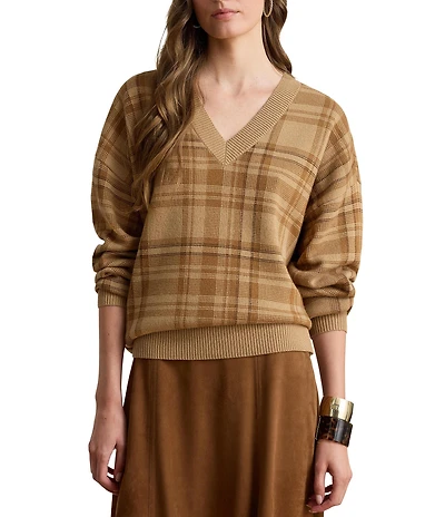Lauren Ralph Lauren Ribbed Knit Plaid V-Neck Long Sleeve Sweater Top