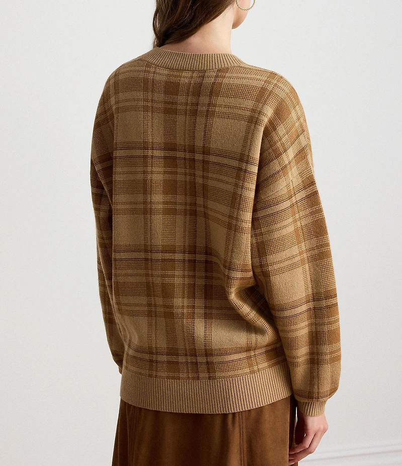 Lauren Ralph Lauren Ribbed Knit Plaid V-Neck Long Sleeve Sweater Top