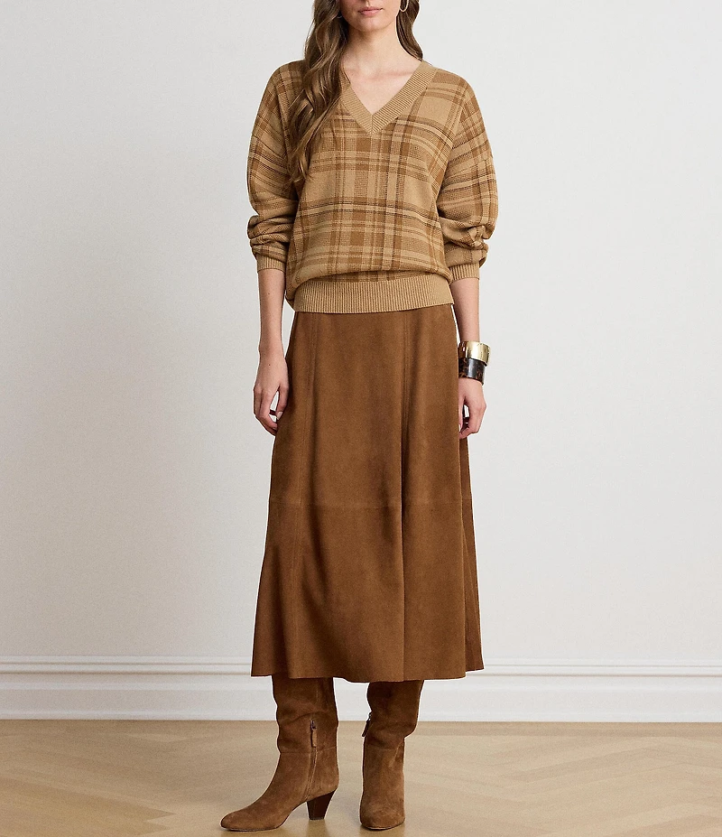 Lauren Ralph Lauren Ribbed Knit Plaid V-Neck Long Sleeve Sweater Top