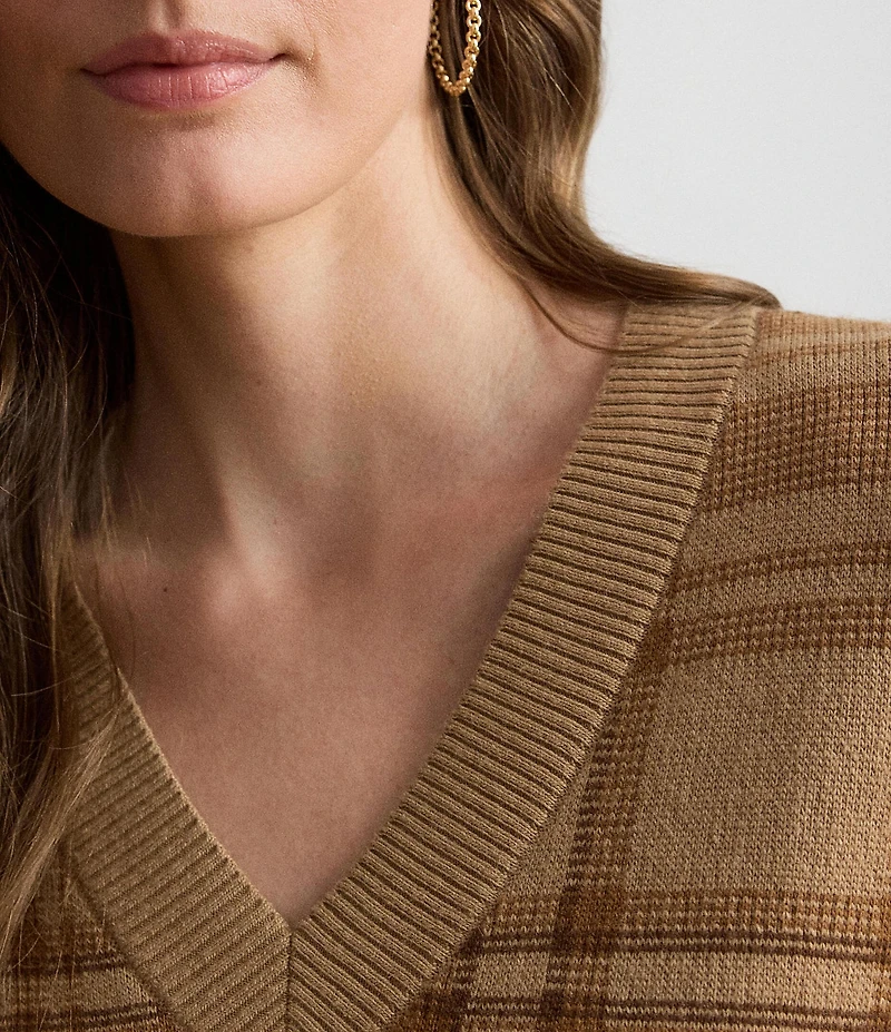 Lauren Ralph Lauren Ribbed Knit Plaid V-Neck Long Sleeve Sweater Top