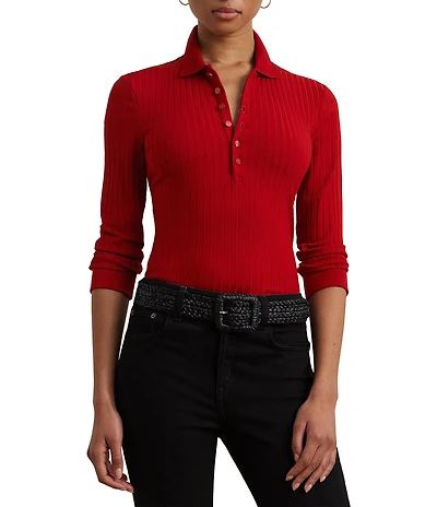 Lauren Ralph Lauren Ribbed Knit Point Collar 3/4 Sleeve Polo Shirt