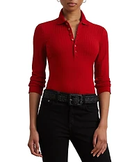 Lauren Ralph Lauren Ribbed Knit Point Collar 3/4 Sleeve Polo Shirt