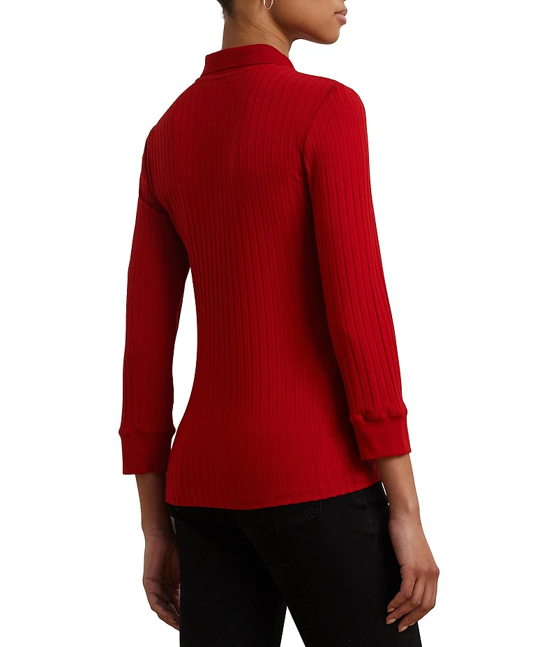 Lauren Ralph Lauren Ribbed Knit Point Collar 3/4 Sleeve Polo Shirt