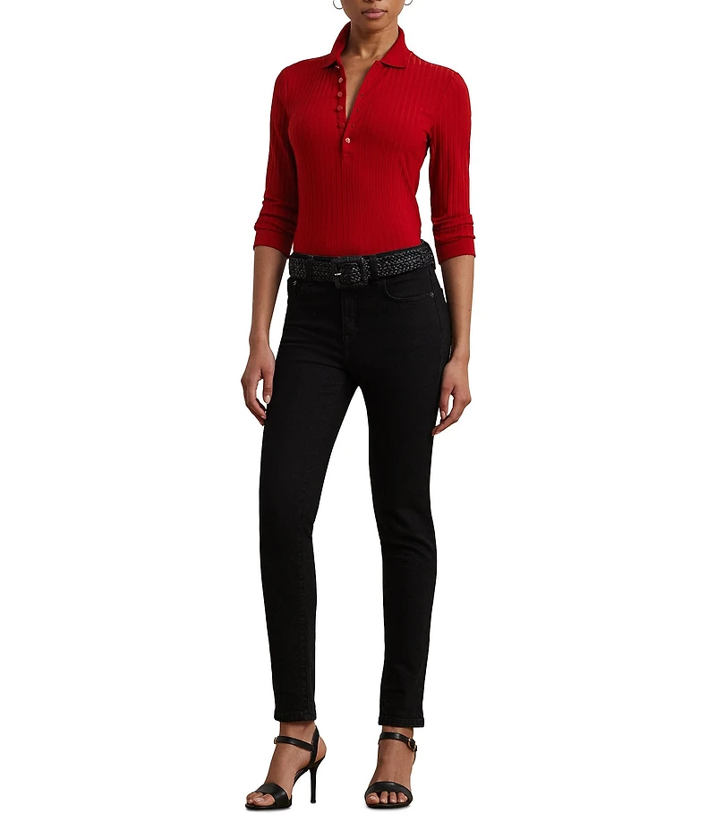 Lauren Ralph Lauren Ribbed Knit Point Collar 3/4 Sleeve Polo Shirt