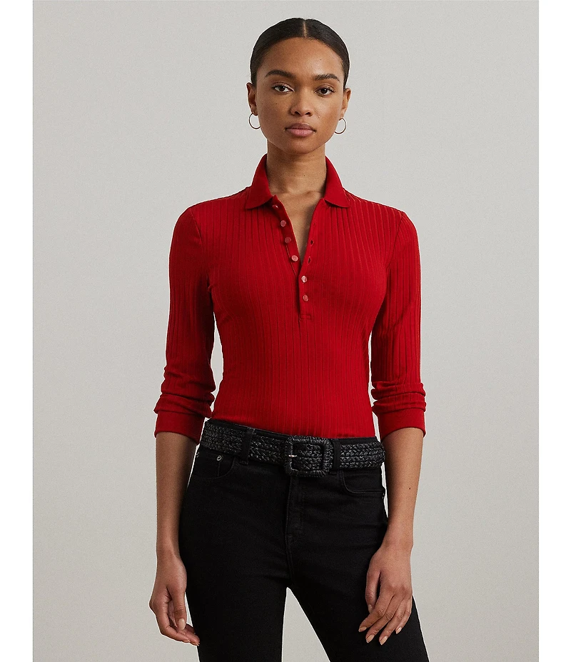 Lauren Ralph Lauren Ribbed Knit Point Collar 3/4 Sleeve Polo Shirt