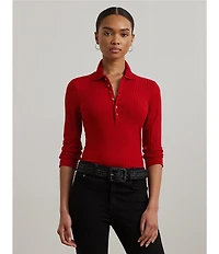 Lauren Ralph Lauren Ribbed Knit Point Collar 3/4 Sleeve Polo Shirt