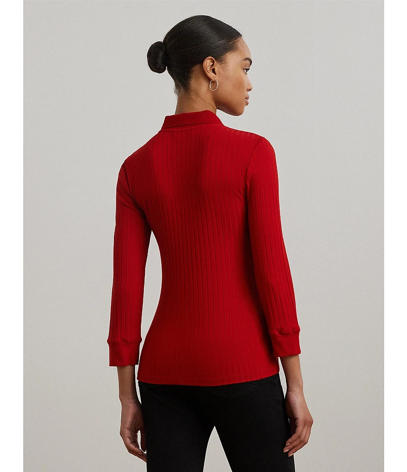 Lauren Ralph Lauren Ribbed Knit Point Collar 3/4 Sleeve Polo Shirt