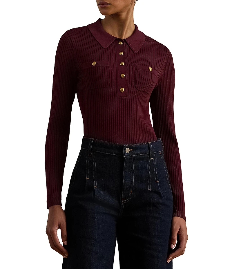 Lauren Ralph Lauren Ribbed Knit Point Collar Long Sleeve Polo Sweater