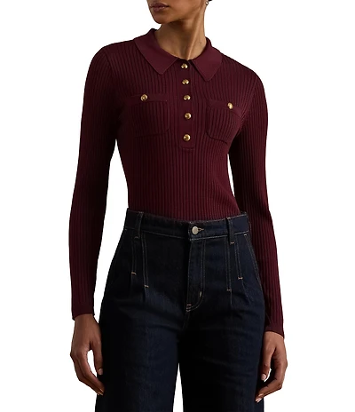 Lauren Ralph Lauren Ribbed Knit Point Collar Long Sleeve Polo Sweater