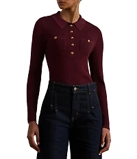 Lauren Ralph Lauren Ribbed Knit Point Collar Long Sleeve Polo Sweater