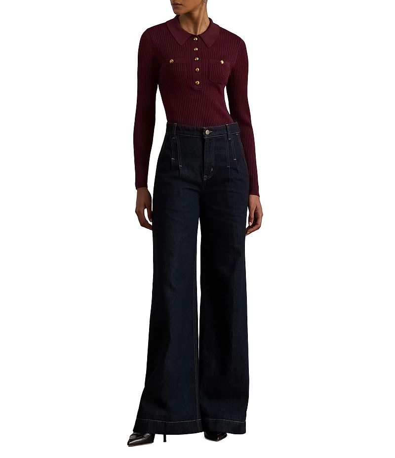 Lauren Ralph Lauren Ribbed Knit Point Collar Long Sleeve Polo Sweater