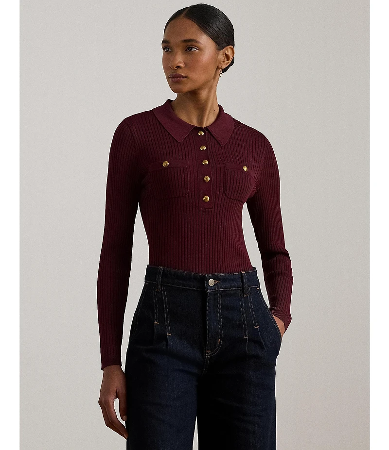 Lauren Ralph Lauren Ribbed Knit Point Collar Long Sleeve Polo Sweater