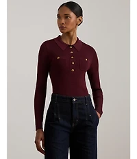 Lauren Ralph Lauren Ribbed Knit Point Collar Long Sleeve Polo Sweater