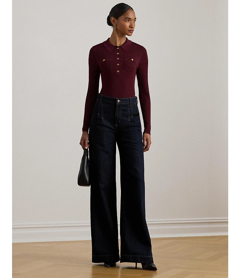 Lauren Ralph Lauren Ribbed Knit Point Collar Long Sleeve Polo Sweater