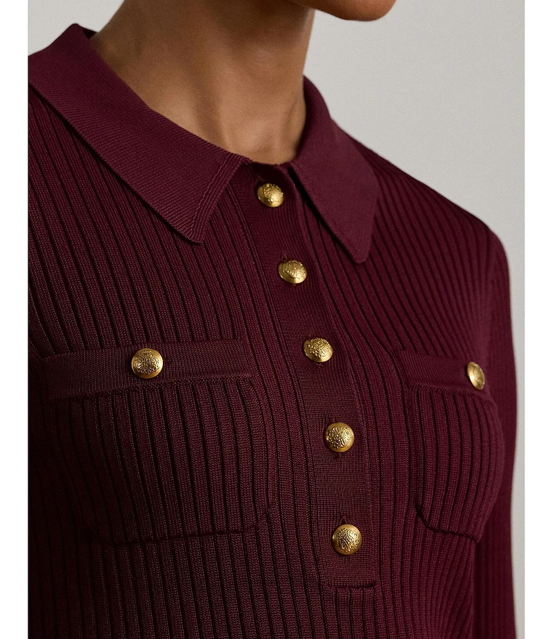 Lauren Ralph Lauren Ribbed Knit Point Collar Long Sleeve Polo Sweater