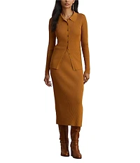 Lauren Ralph Lauren Ribbed Knit Point Collar Long Sleeve Polo Top