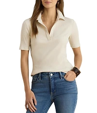 Lauren Ralph Lauren Ribbed Knit Polo Collar 3/4 Sleeve Shirt