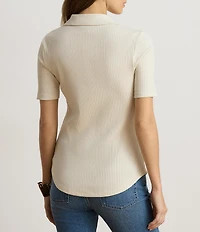 Lauren Ralph Lauren Ribbed Knit Polo Collar 3/4 Sleeve Shirt