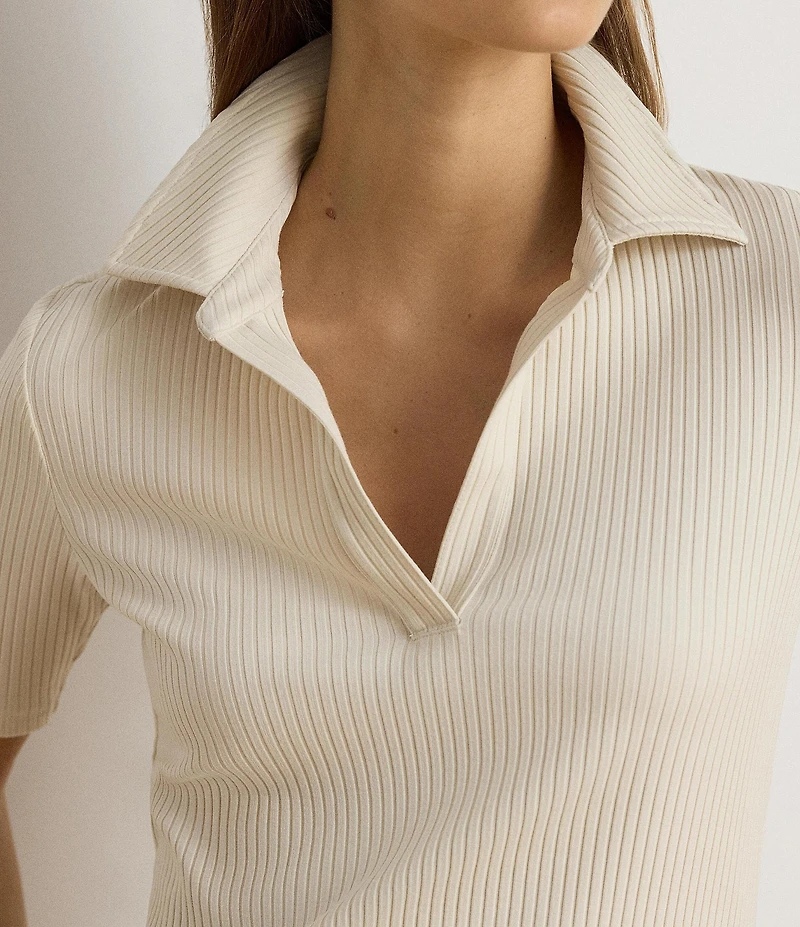 Lauren Ralph Lauren Ribbed Knit Polo Collar 3/4 Sleeve Shirt