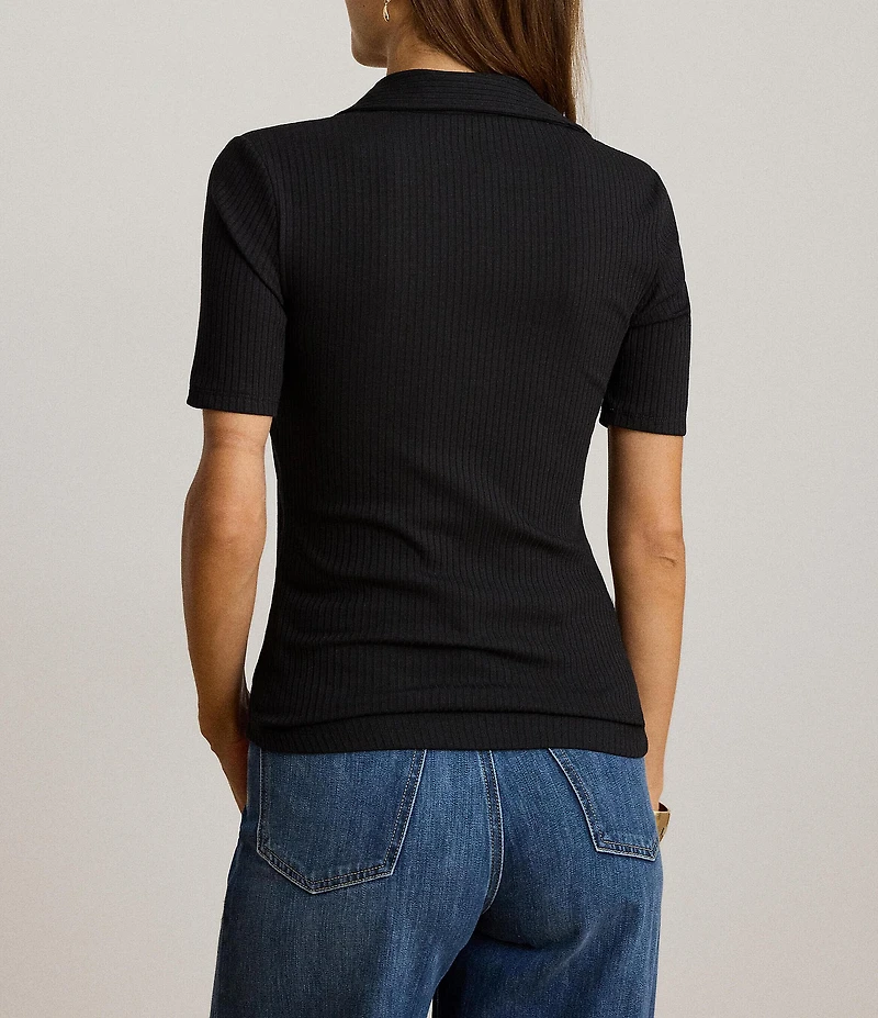 Lauren Ralph Lauren Ribbed Knit Polo Collar 3/4 Sleeve Top