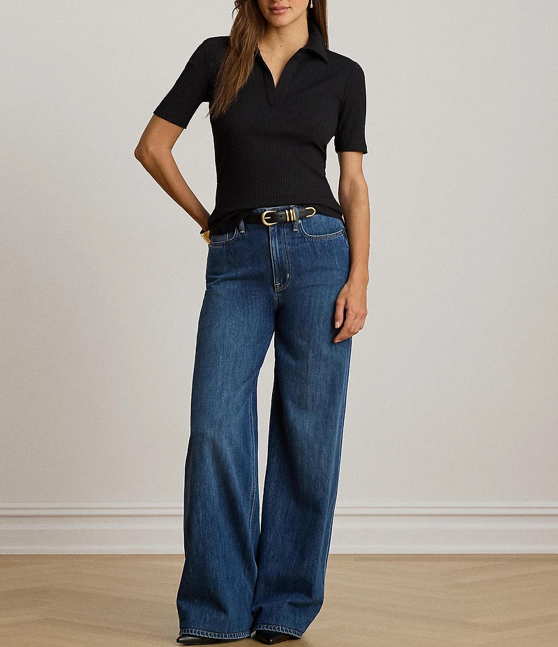 Lauren Ralph Lauren Ribbed Knit Polo Collar 3/4 Sleeve Top