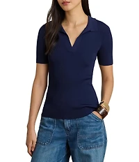 Lauren Ralph Lauren Ribbed Knit Polo Collar Short Sleeve Sweater