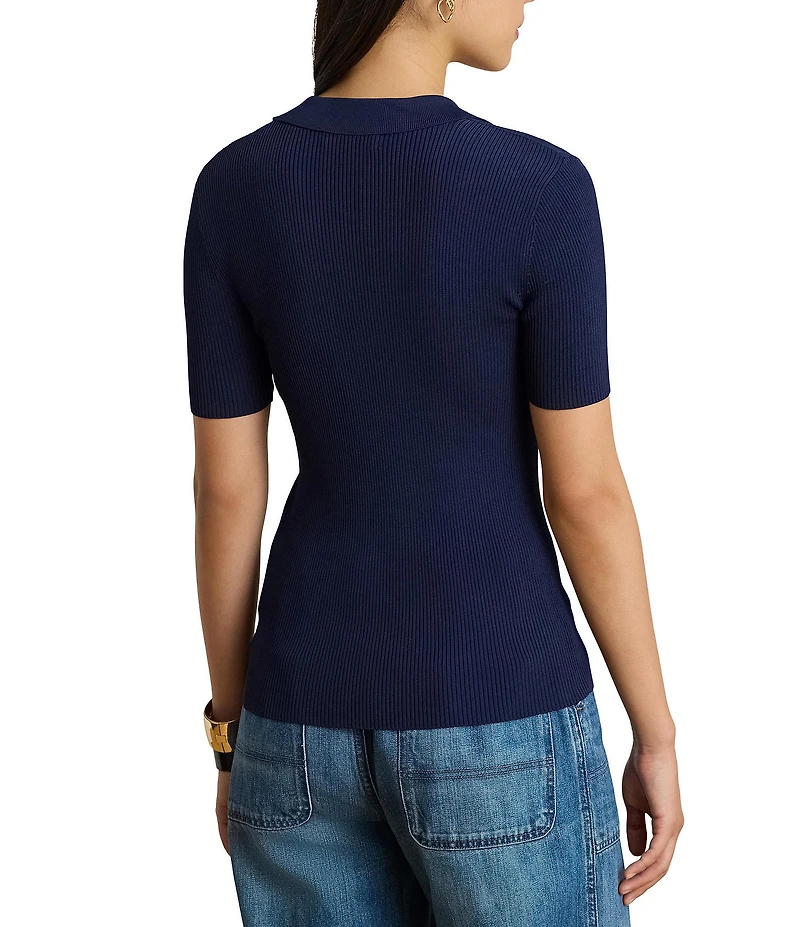 Lauren Ralph Lauren Ribbed Knit Polo Collar Short Sleeve Sweater