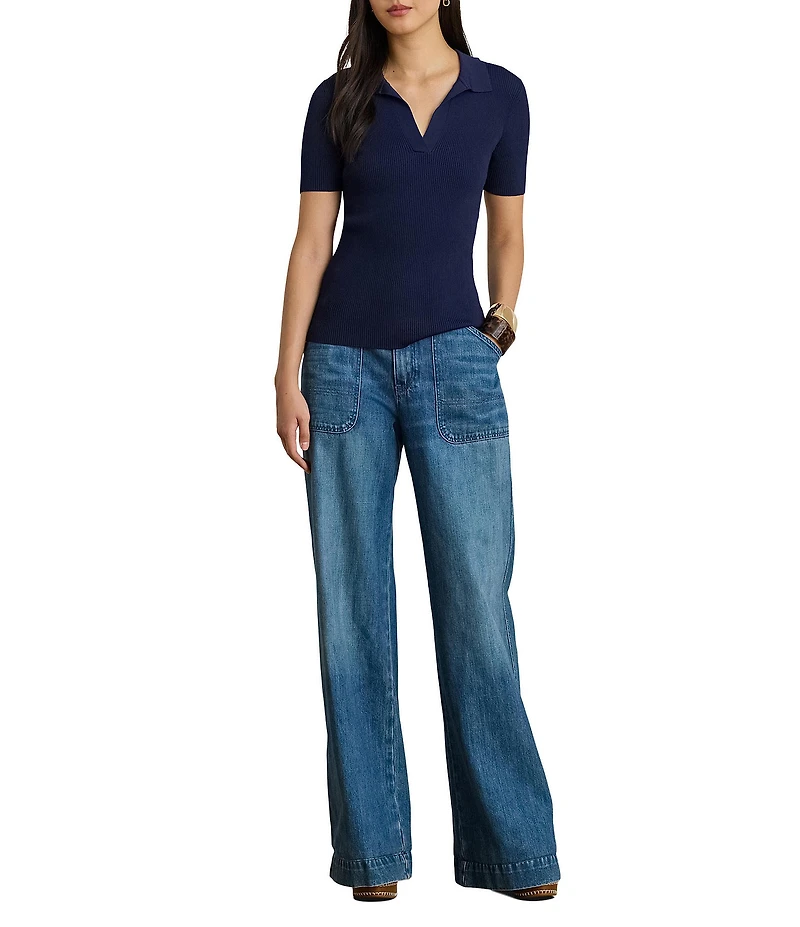 Lauren Ralph Lauren Ribbed Knit Polo Collar Short Sleeve Sweater