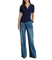 Lauren Ralph Lauren Ribbed Knit Polo Collar Short Sleeve Sweater