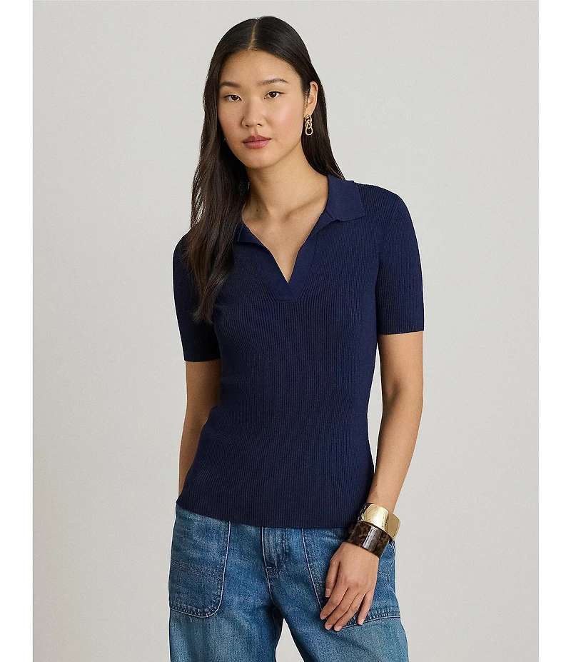 Lauren Ralph Lauren Ribbed Knit Polo Collar Short Sleeve Sweater